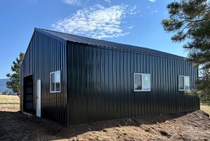 A black metal-sided building with a pitched roof and three windows stands on a dirt lot, surrounded by trees under a partly cloudy sky.