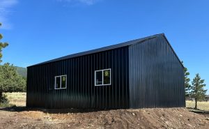 A black metal building with two windows stands on dirt ground under a clear blue sky, surrounded by scattered trees and grass.