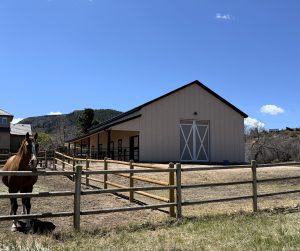A brown horse stands near a wooden fence in front of a large beige barn with white double doors on a clear day.