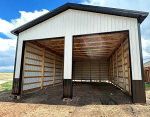 A large, empty metal pole barn with two wide open entrances, exposed wooden beams, and a dirt floor, set in a rural outdoor area.