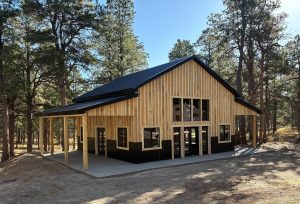 A modern barn-style building with light wood siding, black metal roof, and large windows, situated among tall pine trees on a dirt clearing.