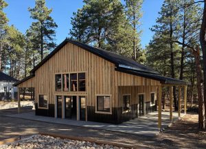A modern wooden building with a black metal roof and vertical wood siding, situated among tall pine trees on a clear day.
