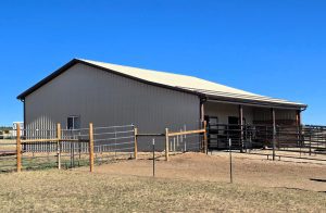 A metal barn with a light-colored roof and walls, surrounded by fenced enclosures on dry, grassy ground under a clear blue sky.