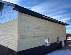 A newly constructed wooden building with two small windows, brown lower siding, and reflective insulation visible near the roof, under a blue sky.