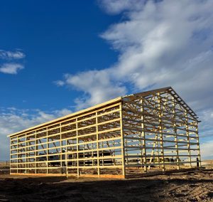 A wooden frame structure of a large building under construction stands on bare ground beneath a partly cloudy sky.