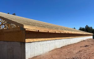 A partially constructed building with a concrete foundation and wooden framing for the roof under a clear blue sky.