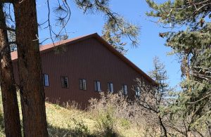 A brown building with a slanted roof and several rectangular windows sits on a grassy slope, surrounded by pine trees under a clear blue sky.