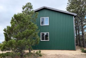 A green metal-sided building with two windows on the side, surrounded by pine trees on sandy ground under a cloudy sky.
