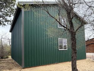 A green metal-sided building with two windows is shown next to a leafless tree on a sandy ground.