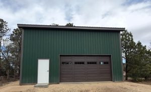 A green metal building with a brown garage door and a white entrance door, set on bare ground with trees in the background under a cloudy sky.