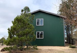 A green metal-sided building with two rectangular windows, seen from the side, stands near a pine tree on sandy ground with sparse vegetation.