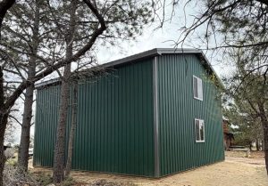 A green metal-sided building with two windows stands on sandy ground surrounded by trees.