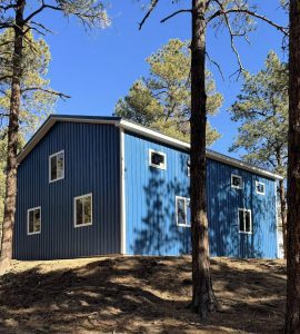 A blue metal-sided building with several windows stands on a dirt slope among tall pine trees under a clear blue sky.