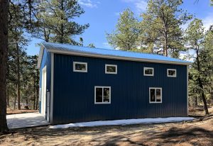A blue metal building with several windows sits among tall pine trees, with a concrete path and patches of snow on the ground.