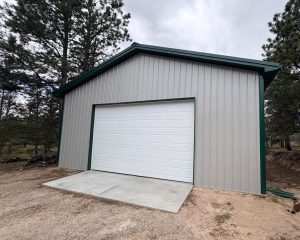 A gray metal garage with a white roll-up door and green trim, surrounded by trees and dirt ground, under a cloudy sky.