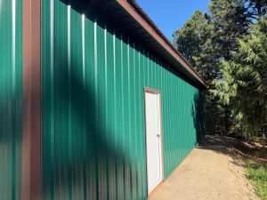 Green metal-sided building with a white door, brown trim, and a sloped roof, situated next to trees under a clear blue sky.