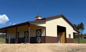 A beige metal barn with brown trim and doors sits on a dirt lot under a clear blue sky, surrounded by grass and trees.