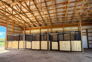 Wooden and metal horse stalls inside a spacious barn with exposed wooden beams and a dirt floor.