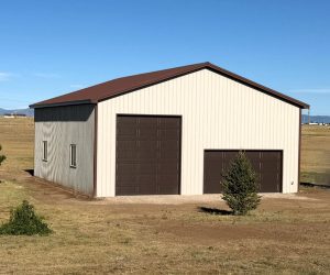 A beige metal building with a brown roof and two large brown garage doors sits on dry grass with a small tree in front.